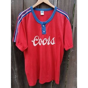 Vintage Russell Athletic Red White & Blue Coors Beer button Baseball T Shirt USA